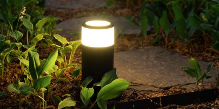 small solar garden light next to pathway