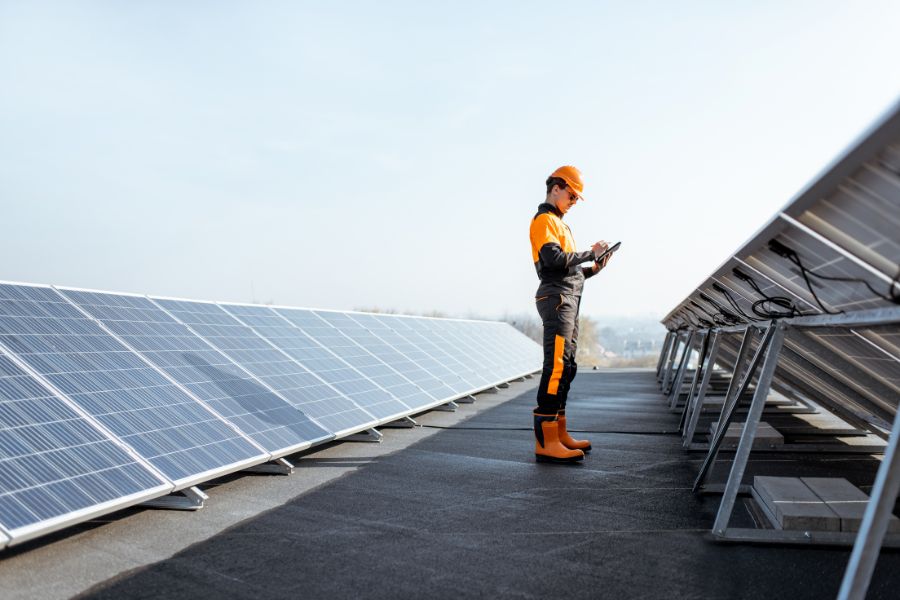 Engineer examining solar power plant