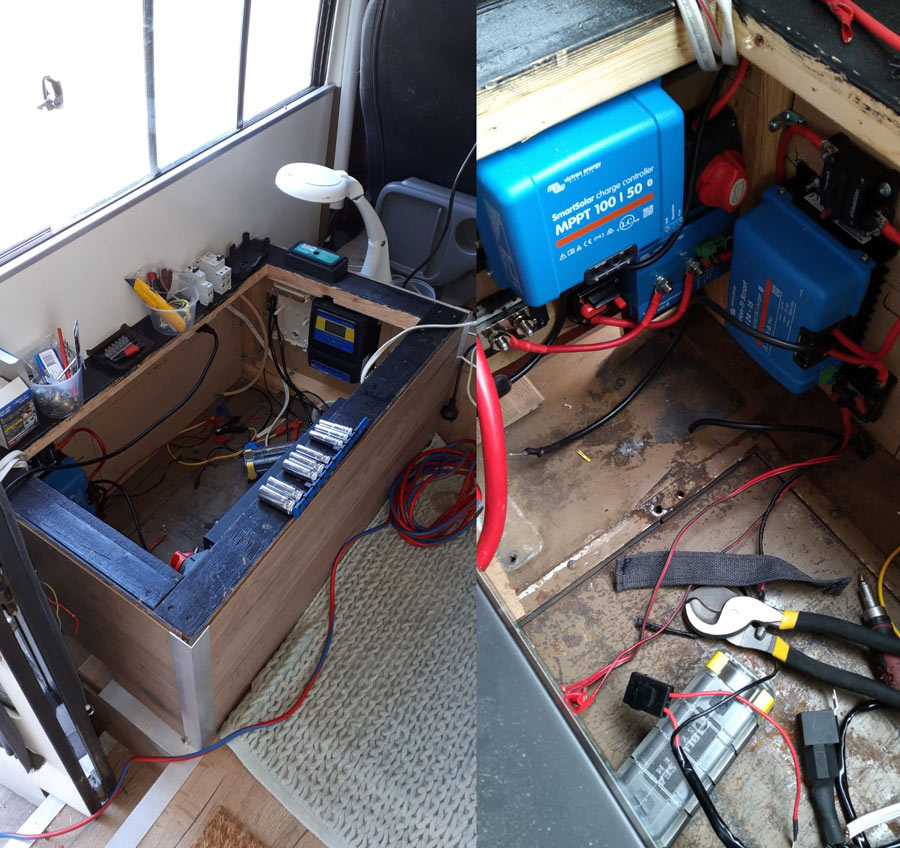Electrical area of bus with solar charge controllers installed