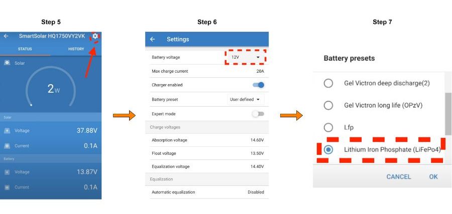 Victron charge controller settings steps 5 to 7
