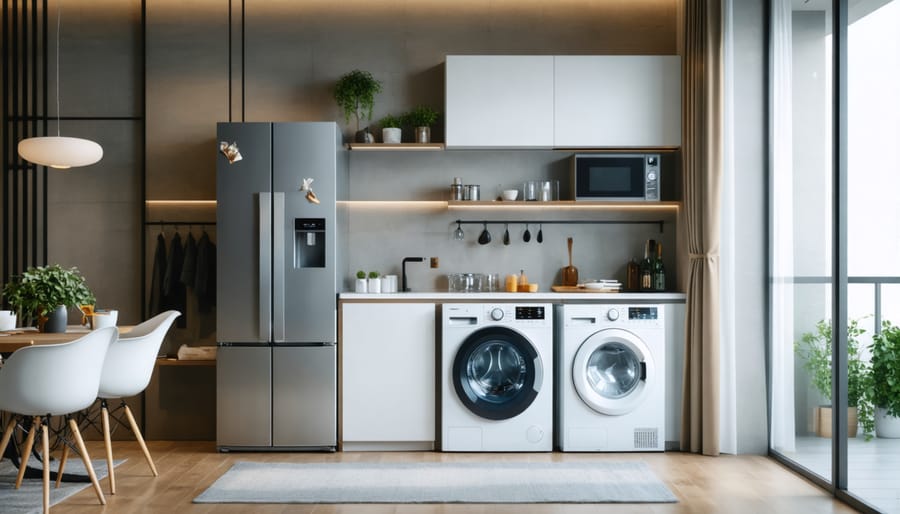 "Interior of a modern home with major appliances like a refrigerator, microwave, and washing machine in focus, demonstrating energy consumption factors."