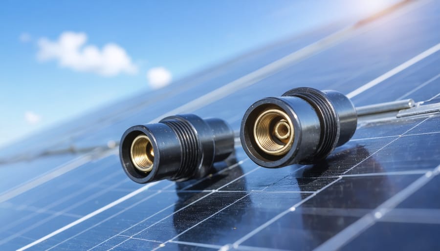 Solar Connectors That Won't Fail (Complete Compatibility Guide) "Close-up view of MC4 solar connectors highlighting the male and female connection points."