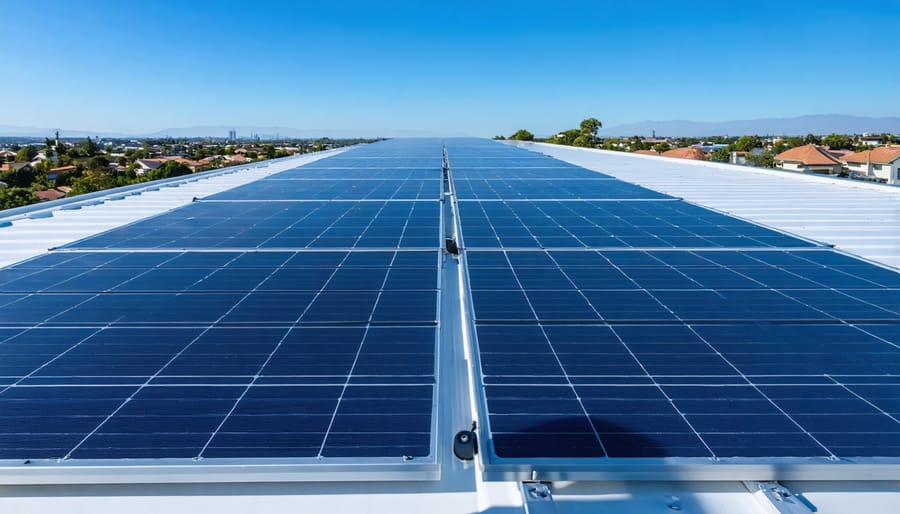 Build Your Perfect Solar Setup with This Power System Calculator "A series of sleek solar panels installed on a sunny rooftop, reflecting sunlight with a clear sky above and a hint of suburban area in the background."