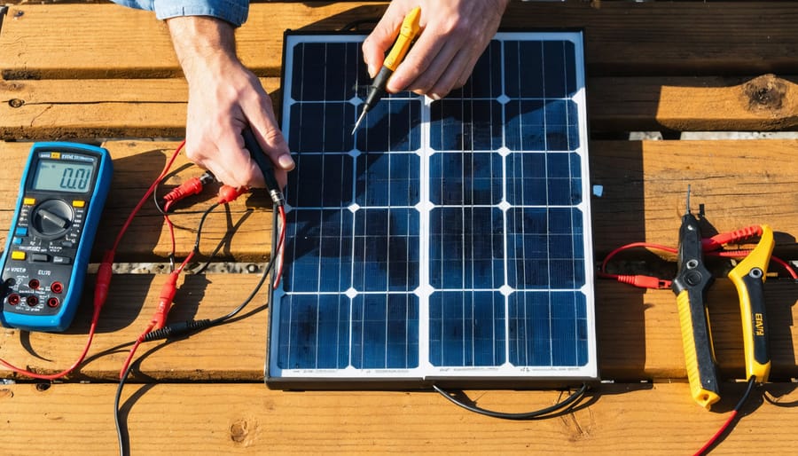 Stop Guessing Your Battery Power: The Conversion Table Every Solar DIYer Needs Hands place multimeter probes on two deep-cycle batteries wired in series on a wooden workbench, with a folding solar panel and coiled cables softly blurred in the background under warm afternoon light.