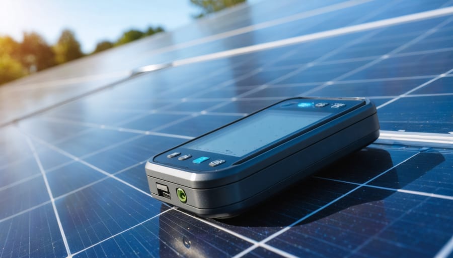 "The Solar Meter 6.5r device showing its interface and sensor with blurred solar panels in the background."