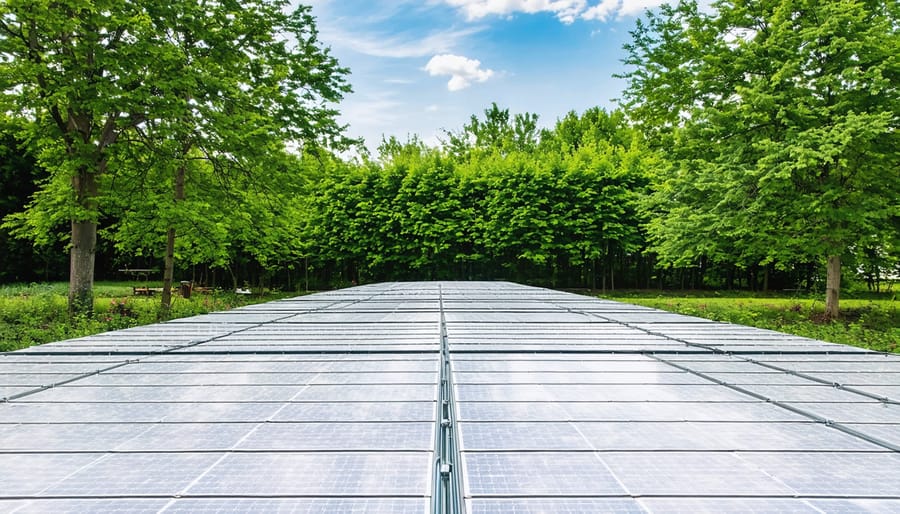 "Solar-powered electric fence surrounding a garden, featuring metal wires and solar panels amidst a lush landscape."