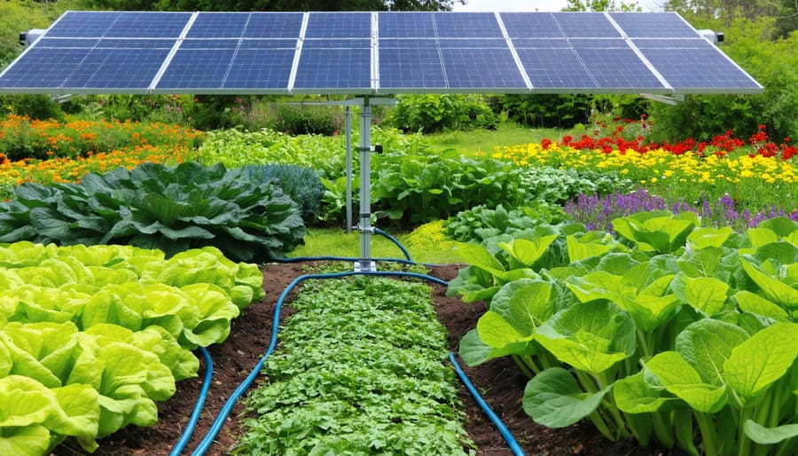 Build a Solar-Powered Drip System That Waters Your Garden Day and Night "A solar-powered drip irrigation system in a vibrant vegetable garden with solar panel and drip lines visible."