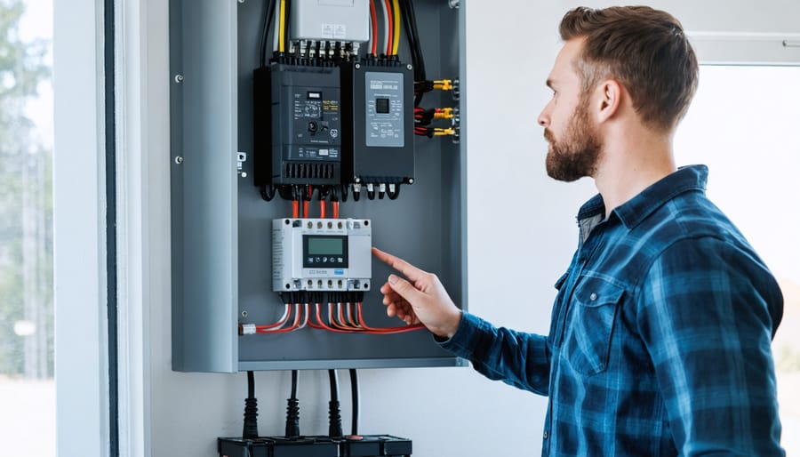 Read Your Solar System Like a Pro: What Every Wire and Number Really Means Homeowner in a utility room pointing along cables on a wall-mounted solar inverter next to a breaker panel, batteries below, with rooftop solar panels softly visible through a window; no visible text or labels.