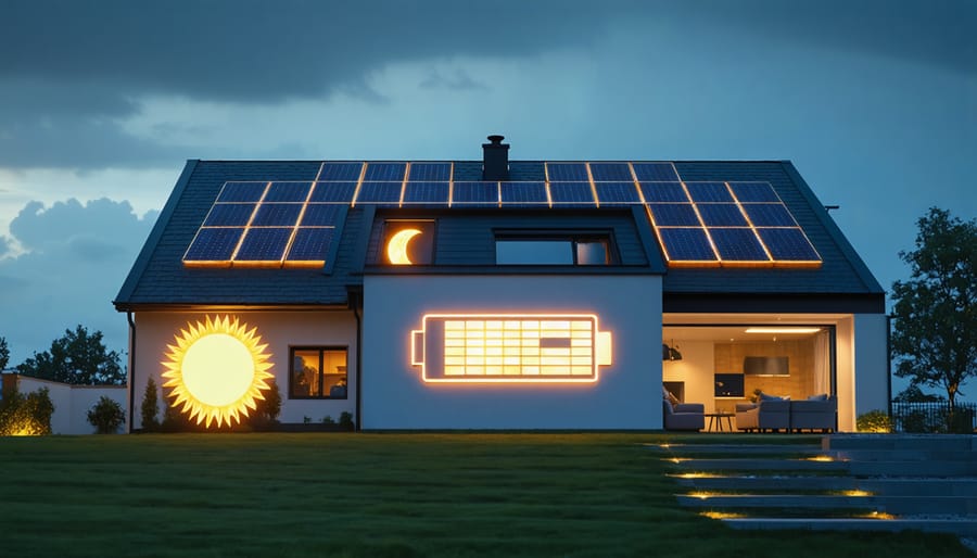 How a 7kW Solar System With Battery Backup Keeps Your Home Powered 24/7 Conceptual image of a home with solar panels on the roof transitioning into a glowing battery icon, symbolizing continuous power supply day and night.