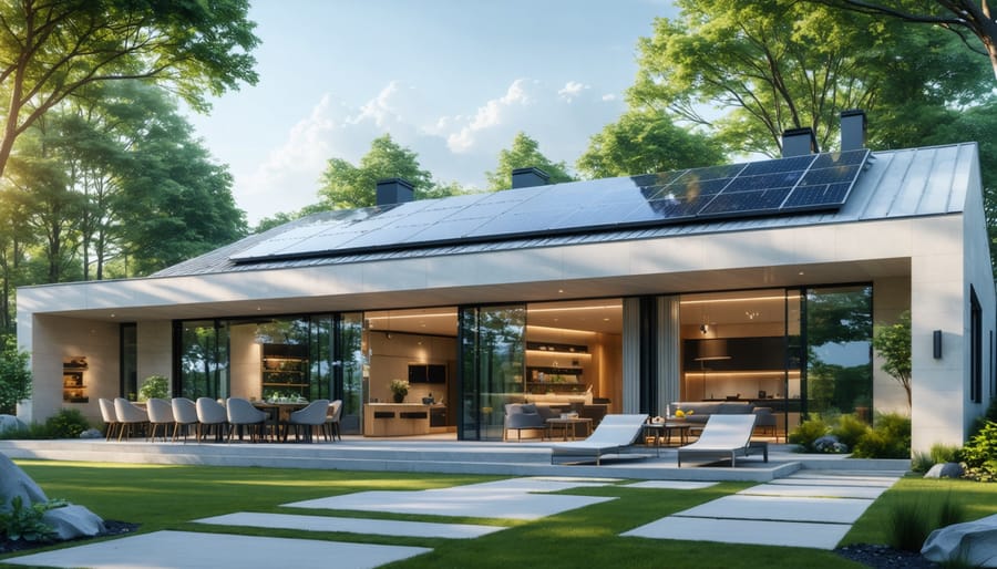 Your Dream Home Can Run on Pure Sunshine (Here's How) A modern zero-energy home with sleek solar panels on the roof, large energy-efficient windows, and an elegant design that highlights sustainability and harmony with nature.