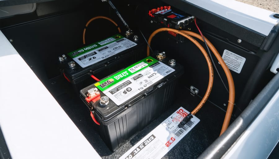 Why 6-Volt RV Batteries Beat 12-Volt for Your Solar Setup Two 6-volt RV golf cart batteries wired in series with a copper jumper and heavy 2/0 cables in a ventilated compartment, with a blurred inverter and charge controller in the background.