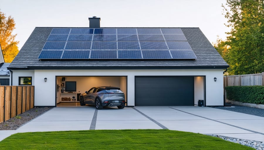 Modern suburban house with solar panels on the roof and a wall-mounted home battery visible inside an open garage at sunset.