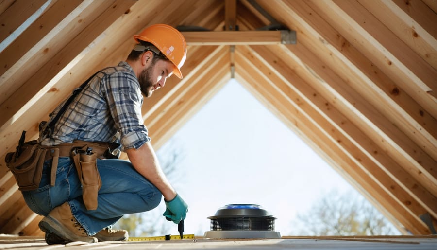Why Your Attic Needs Exactly This Much Ventilation (And How to Calculate It) Eye-level view inside an unfinished attic showing a person measuring a soffit intake vent with a tape measure, with a solar attic fan housing and daylight along the ridge vent near the roof peak, rafters and insulation visible.