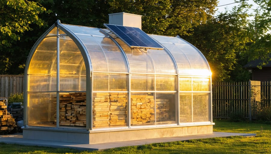 Build a Solar Kiln That Actually Works (Without Breaking the Bank) Backyard solar kiln with wood frame and transparent polycarbonate panels, stacked lumber visible inside, and a small solar panel on the roof, photographed at eye level in warm late-afternoon light with a workshop and trees softly blurred behind.