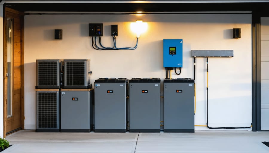 Why Your DIY Solar Microgrid Will Fail Without the Right Battery System Stacked lithium battery cabinets and a wall-mounted inverter in a tidy home garage, lit by warm golden hour light, with rooftop solar panels visible outside; shallow depth of field emphasizes the battery system as reliable home backup.
