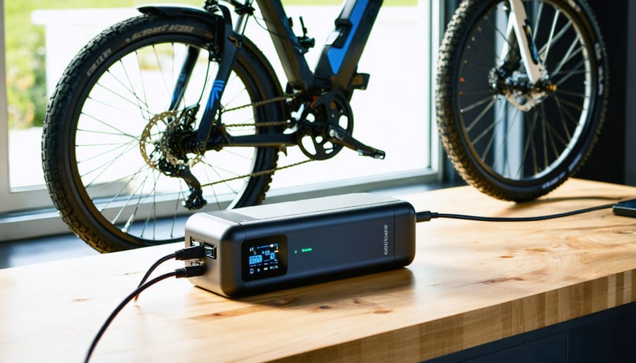Close-up of a lithium-ion e-bike battery connected to a charger on a wooden workbench, with an e-bike and rooftop solar panels softly blurred in the background.