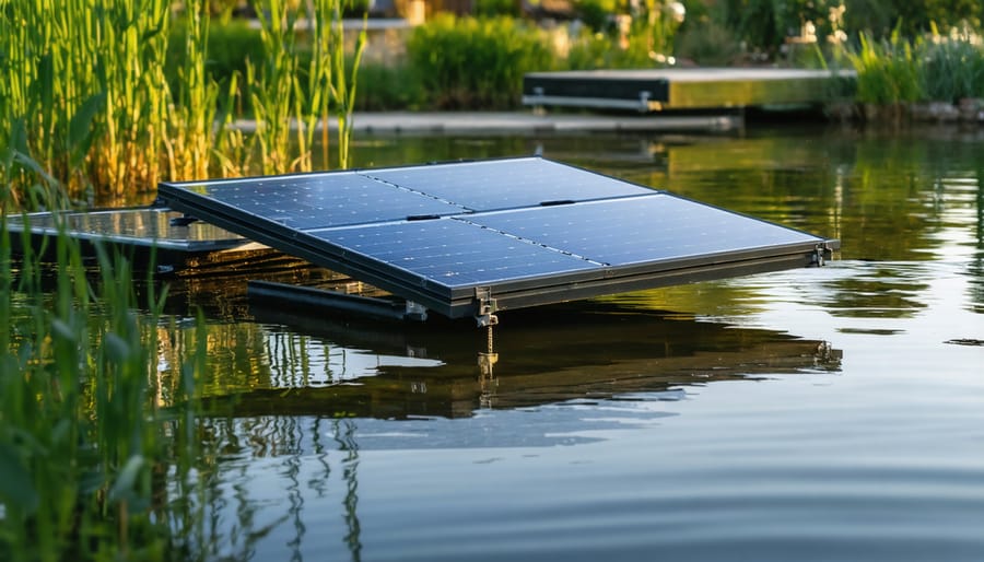 Floating Solar Panels Could Change Where You Generate Power Compact floating solar panels on pontoons across a small backyard pond at golden hour, with water reflections and a softly blurred suburban house and trees in the background.