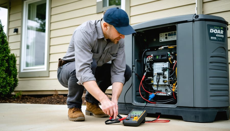 Your Kohler Generator Won't Start? Here's How I Fixed Mine (And You Can Too) Homeowner kneels by an outdoor standby generator with the panel open, testing battery connections with multimeter probes; a house with rooftop solar and an outdoor battery cabinet is blurred in the background.