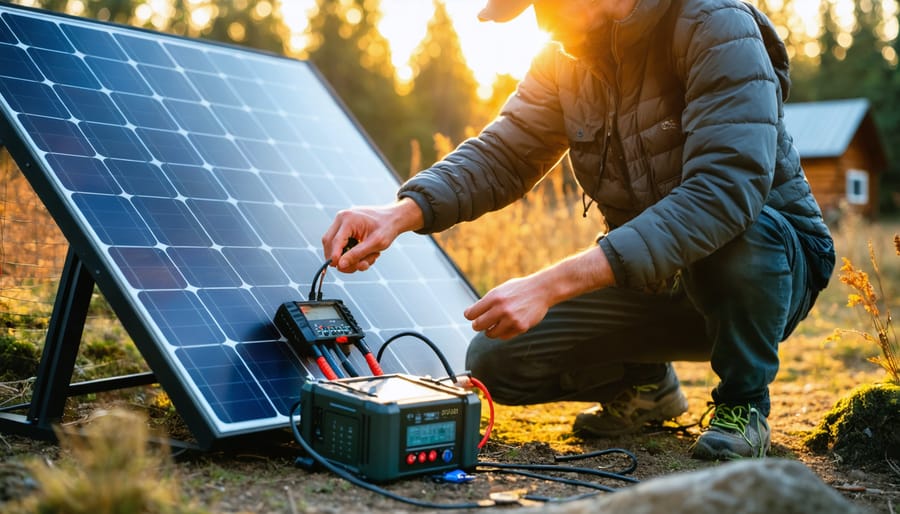 Stop Guessing Energy Numbers: Your Practical Joule Conversion Reference Person adjusting cables on a portable solar panel connected to a compact battery bank and charge controller outdoors at golden hour, with an off-grid cabin and pine trees softly blurred in the background.