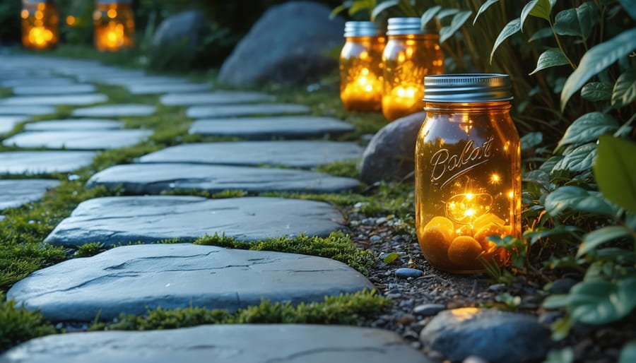 Mason Jar Solar Lights That Actually Work (And Cost Almost Nothing) Glowing mason jar solar lights with metal lids line a stone garden path at dusk, with soft bokeh foliage and stepping stones in the background.