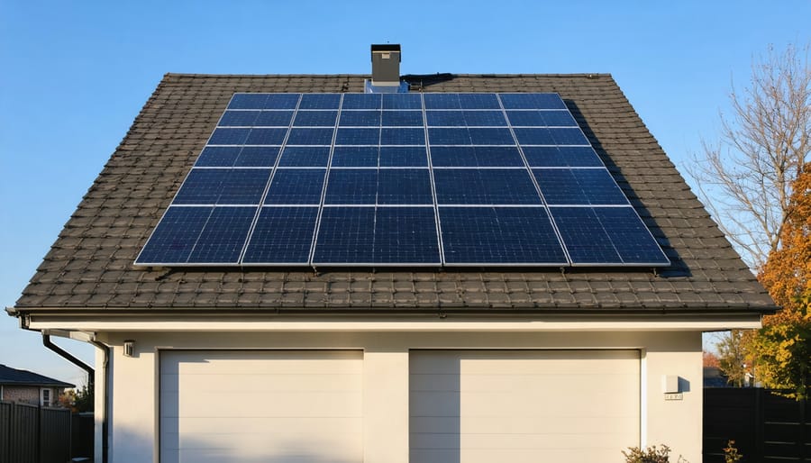 How Many kWh Does Your Solar System Actually Need? (Real Numbers for Real Homes) Modern suburban house with rooftop solar panels and an unbranded wall-mounted battery beside the garage at golden hour, with a quiet neighborhood and trees softly visible in the background.