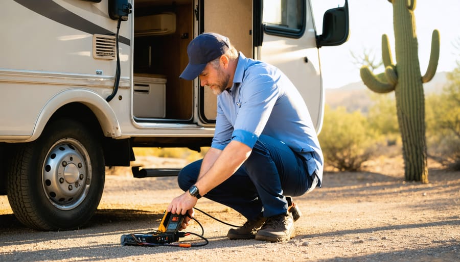 Why Your Motorhome Electrical System Keeps Failing (And How to Fix It for Good) RV owner testing corroded battery terminals with a multimeter in an open electrical bay at a desert rest stop during golden hour, with solar panels on the roof and a coiled shore power cord blurred in the background.