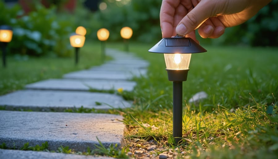 Why NiMH Batteries Keep Your Solar Lights Running (When Others Fail) Close-up of a hand inserting an unbranded AA NiMH rechargeable battery into a small solar garden path light with its mini solar panel visible at dusk, with blurred glowing path lights and garden plants in the background.