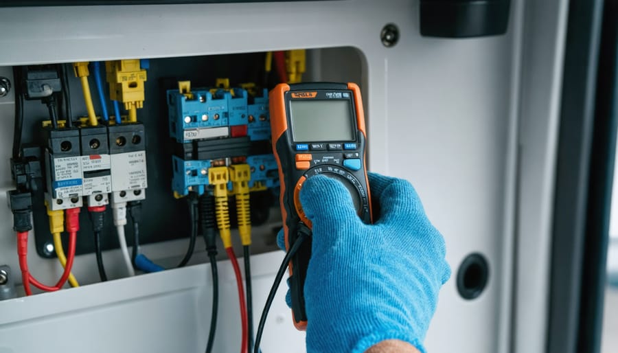 Why Your RV Appliances Keep Tripping the Breaker (And How to Wire Them Right) Gloved hands testing an open RV 120-volt breaker panel with a multimeter, soft daylight, blurred RV kitchen with microwave and AC vent in the background.
