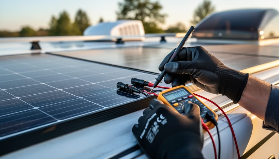 Hands using a digital multimeter to test MC4 connectors next to solar panels on an RV roof, with vents and trees softly blurred in the background.