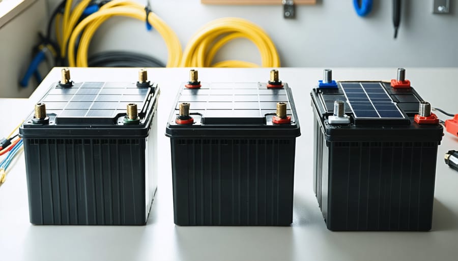 Which Solar Battery Actually Lives Up to the Hype? Assorted unbranded solar batteries—LiFePO4, AGM, and lead-acid—neatly arranged on a workshop bench with coiled cables, side-lit by natural daylight, with blurred solar panels and tools in the background.