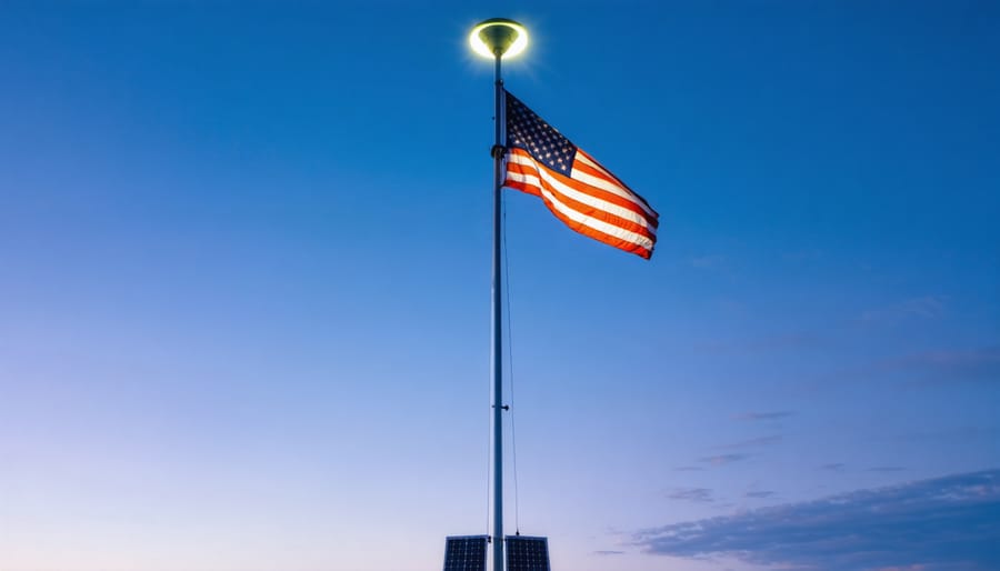 Low-angle dusk view of a telescoping aluminum flagpole with the American flag lit by a top-mounted circular solar light, plus a separate small solar panel near the base connected by a discreet cable, with a softly blurred suburban yard behind.
