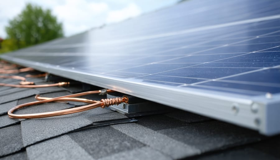 Why Your Solar Array Needs Proper Grounding (Before Lightning Teaches You) Close-up of a copper grounding wire and clamp attached to a solar panel frame on a house roof, with blurred conduit leading toward a ground rod under bright overcast light.