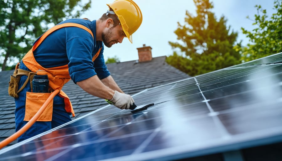 Solar Panel Maintenance Actually Costs Less Than You Think (Here's the Breakdown) Homeowner wearing safety harness rinses residential rooftop solar panels with a garden hose and soft brush at golden hour, with a suburban neighborhood softly blurred in the background