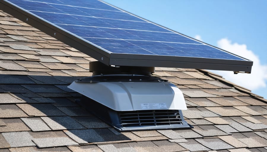 Solar Ventilation Just Saved My Attic (And Cut My Cooling Bills in Half) Solar attic ventilation fan with integrated solar panel mounted on a shingle roof in bright afternoon sun, with a blue sky and blurred suburban trees in the background