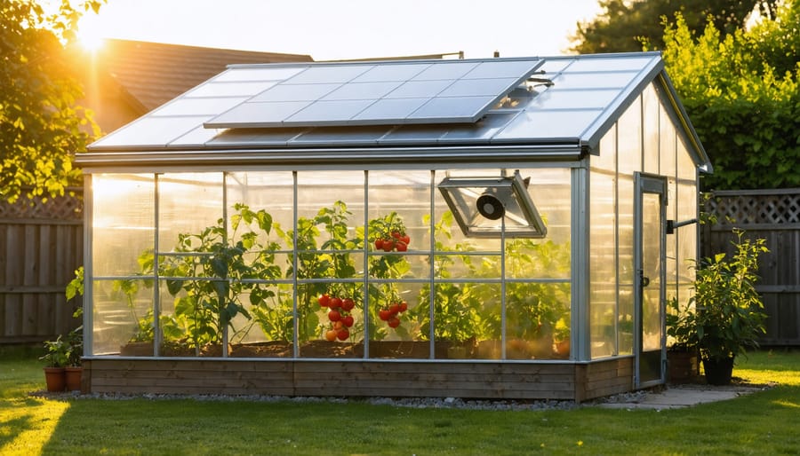 How Solar-Powered Greenhouses Slash Your Growing Costs (While Saving the Planet) Small polycarbonate backyard greenhouse with rooftop solar panels and an open roof vent with fan, tomatoes flourishing inside, photographed at golden hour with garden beds and trees in the background.