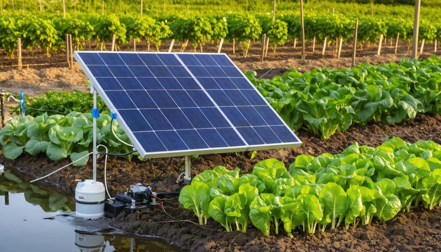 Solar-Powered Irrigation Changed How I Water My Garden (And It Can Change Yours Too) Compact solar panel connected to a small pump and elevated water tank, delivering drip irrigation to raised vegetable beds in a backyard garden at golden hour.