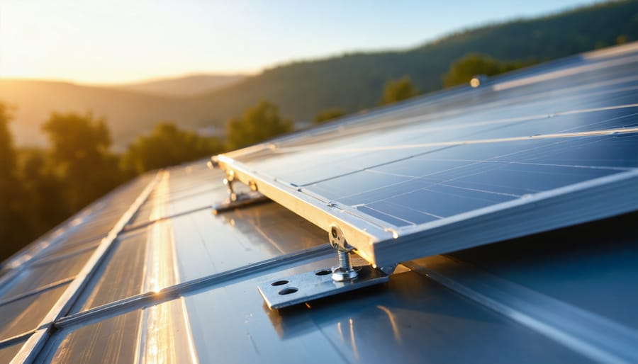 Close-up of a stainless steel Z bracket being bolted to a small solar panel frame on an RV roof at golden hour, with a second panel, drill, and treeline softly blurred in the background.