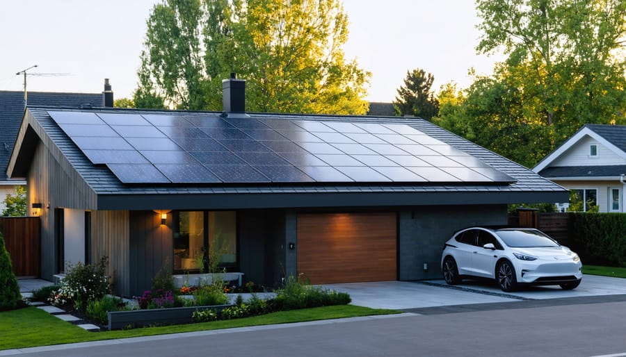 How I Built a Zero Energy Home Without Breaking the Bank Modern modest suburban home with rooftop solar panels at golden hour, three-quarter curbside view with native landscaping and a small unbranded electric car in the driveway, neighboring houses softly blurred.