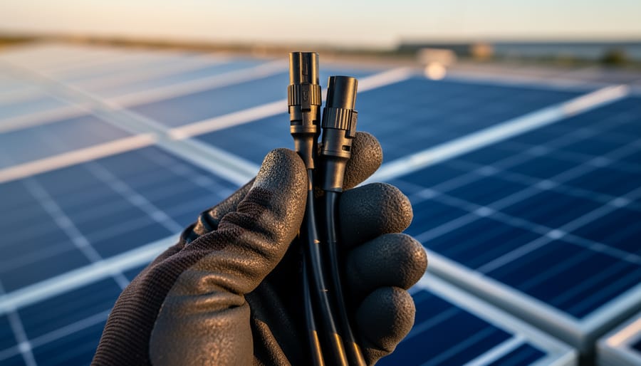 Why 8 AWG Solar Cable Changed How I Wire My Solar Projects (And Why Size Really Matters) Close-up, eye-level photo of a gloved hand holding thick 8 AWG solar cable with an MC4 connector beside a rooftop solar panel array, cable in sharp focus with panels and racking softly blurred under warm side lighting.