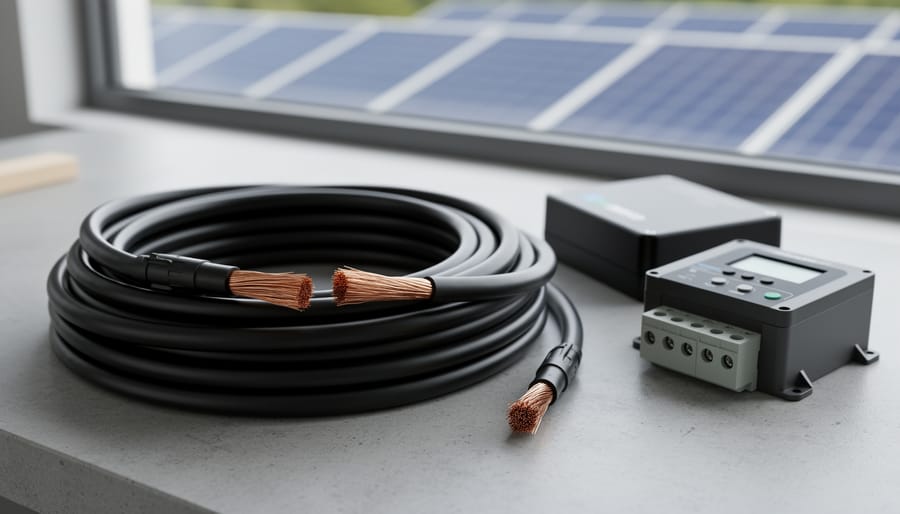 Why 8 AWG Solar Wire Might Be Wrong for Your System (And How to Know for Sure) Coil of 8 AWG black PV solar wire with MC4 connectors and exposed copper strands on a workbench next to a DC breaker and charge controller, with rooftop solar panels blurred in the background, photographed from a 45-degree overhead angle in soft daylight.