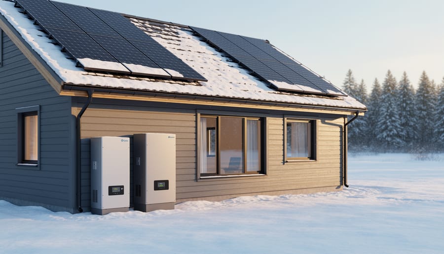 Why Your 8kW Off-Grid Solar System Might Be Wasting Half Its Power Off-grid home with 8kW rooftop solar panels partially covered by snow, low winter sun, and an unbranded weatherproof lithium battery/inverter cabinet on the exterior wall, with a snowy yard and evergreen trees in the background.
