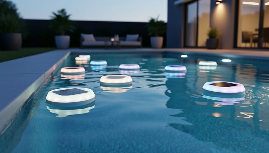 Why Your Pool Deserves Floating Solar Lights (And How to Choose the Right Ones) Blue hour view of a modern backyard pool with multiple round floating solar lights glowing in blue and amber, reflections on calm water, and softly blurred patio furniture, plants, and house in the background.
