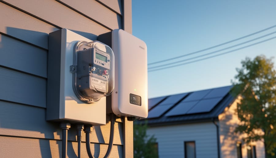Close-up of a residential electric meter beside an unbranded grid-tie inverter on a house exterior, with rooftop solar panels and utility lines softly blurred in the background under warm evening light.