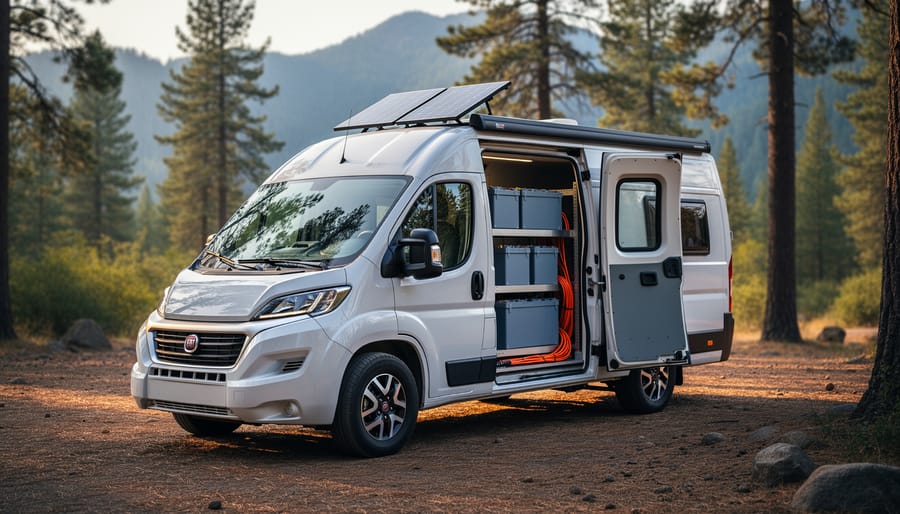 Why Lithium Iron Phosphate Batteries Won't Explode in Your RV (Unlike Other Lithium Batteries) Camper van at a forest campsite with rooftop solar panels and an open side compartment showing a lithium iron phosphate battery bank with organized cabling in warm sunset light, trees and distant mountains softly visible.