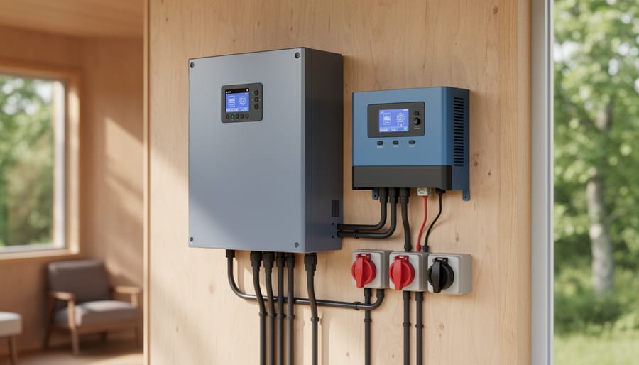 Why Lithium-Ion Batteries Changed Everything About Solar Storage (And What You Need to Know) Eye-level view of a wall-mounted lithium-ion battery bank with adjacent solar inverter and charge controller in an off-grid cabin, neatly wired and lit by soft daylight, with blurred trees visible through a side window.
