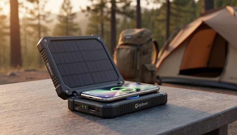 Why Your Qi Solar Power Bank Might Be Wasting Your Time (And Which Ones Actually Work) Rugged solar power bank with integrated wireless charging pad charging a smartphone on a campsite table at golden hour, solar panel angled toward sunlight, with a tent and backpack softly blurred in the background.