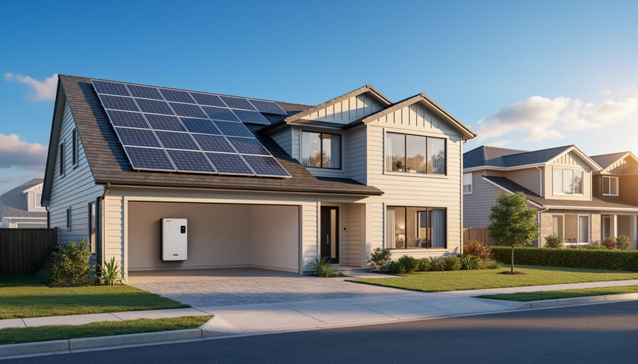 How Solar Energy Actually Works in Your Home (And Why Storage Changes Everything) Modern suburban house with rooftop solar panels and a visible wall-mounted battery and inverter inside an open garage, photographed at eye level during golden hour, with neighboring homes softly in the background