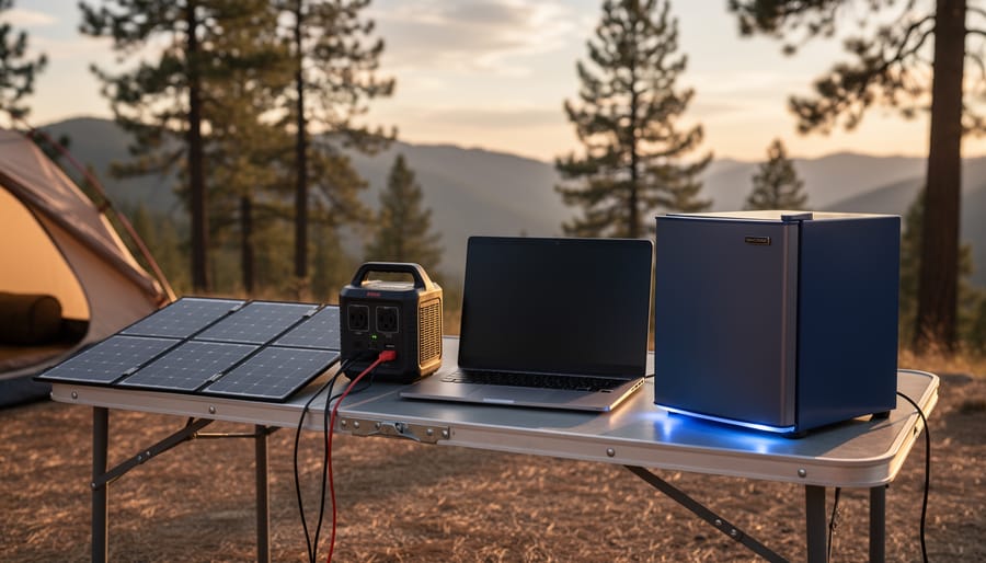Portable solar generator on a campsite table connected to foldable solar panels, powering a laptop and small fridge at golden hour, with a tent and pine trees softly blurred in the background.