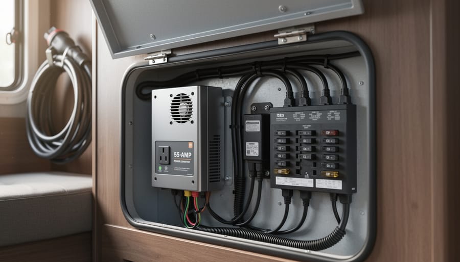 Modern 55-amp RV power converter installed in an electrical compartment, wired to a house battery bank and fuse block, with cooling vents and cables visible; RV interior and shore power cord softly blurred in the background.