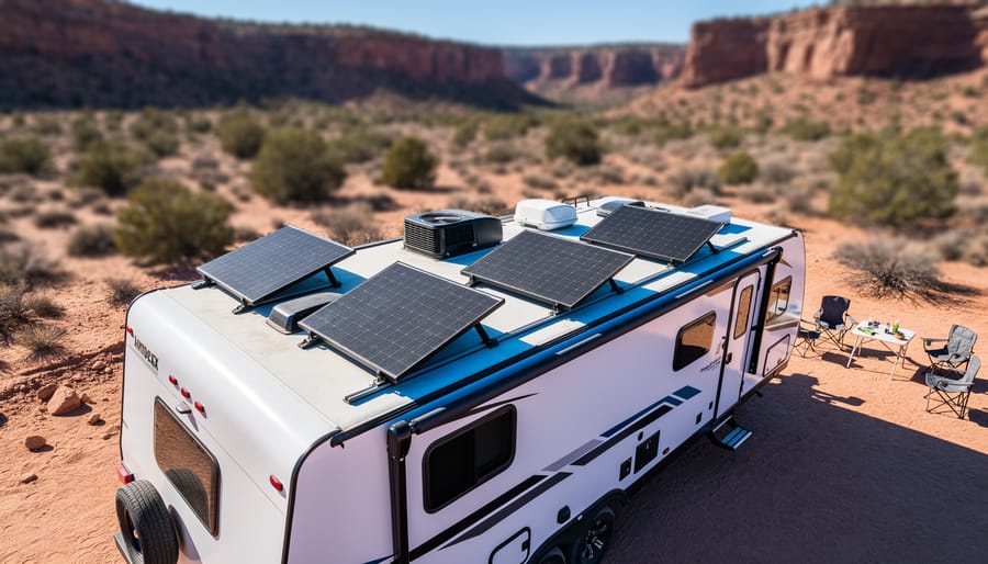 Why Most RV Solar Setups Fail (And How to Build Yours Right) Overhead view of a white travel trailer off-grid with roof-mounted tilted solar panels placed away from roof obstructions, lit by bright late-morning sun, with softly blurred red-rock hills and desert campsite in the background.